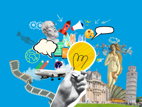monumenti, torre di pisa, venere, pellicola film, fumetto