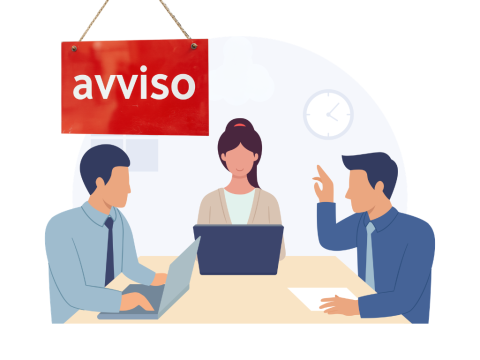infografica, colleghi al lavoro al pc, cartello avviso