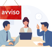 infografica, colleghi al lavoro al pc, cartello avviso