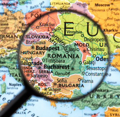 Cartina politica, Romania, lente d'ingrandimento, Europa