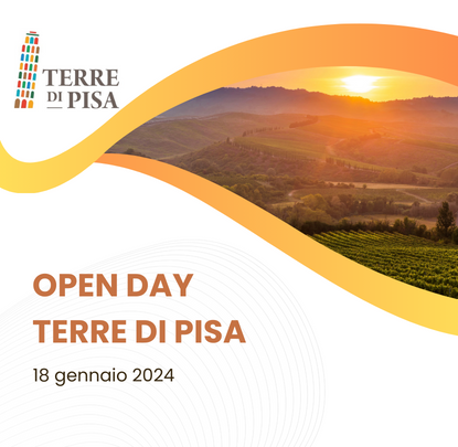 open day terre di pisa, logo terre di pisa, immagine colline pisane con vigneto al tramonto