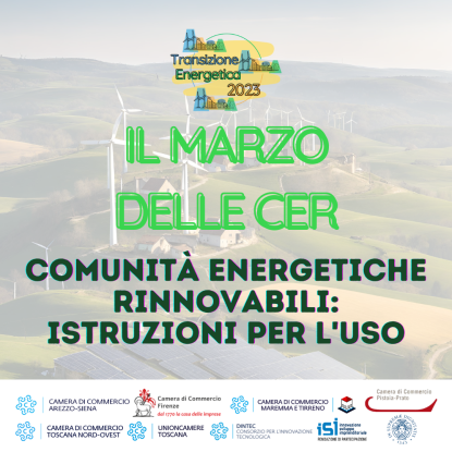 Comunità energetiche rinnovabili, il marzo delle CER, pale eoliche sullo sfondo, loghi