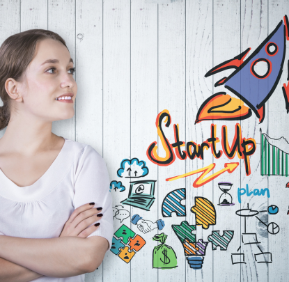 ragazza, infografiche startup, plan, grafici, razzo, idea