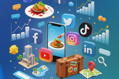 smartphone, icone social, valigia, piatto con panino