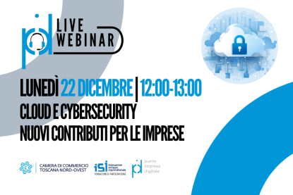 locandina webinar, cloud e cybersecurity, loghi camera di commercio tno, fondazione isi e logo pid